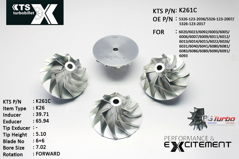 Turbo ROUE FORGÉE MFS PERFORMANCE - 6+6 PALES - INDUCER : 39,71 - EXDUCER : 65,94 - TYPE : K26ANGLE : 55° - ROTATION : Forward - SUPER BACK : -0,02 - BORE SIZE : 7,02
